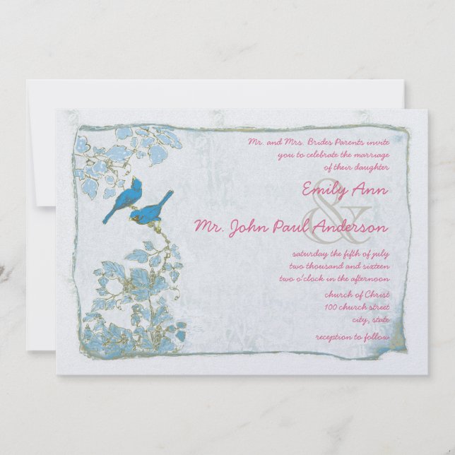 Vintage Blue Birds Damask Pink Font Wedding Invite (Front)