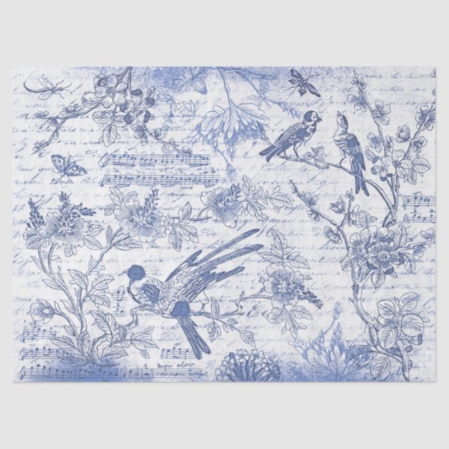 Vintage Blue Birds Flowers French Script  Tissue Paper (Front)