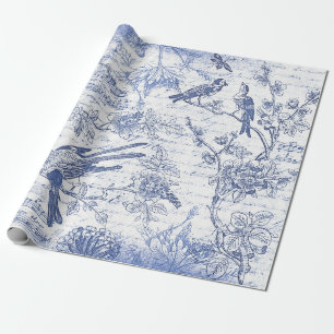 Vintage Blue Birds Flowers French Script  Wrapping Paper