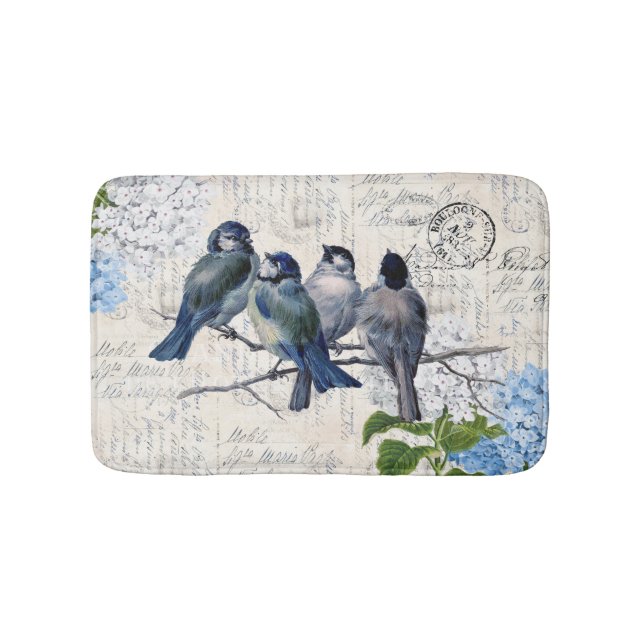 Vintage Blue Birds Flowers Italian Bathmat (Front)