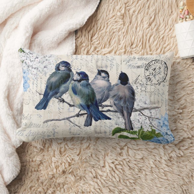 Vintage Blue Birds Flowers Italian Lumbar Pillow (Blanket)