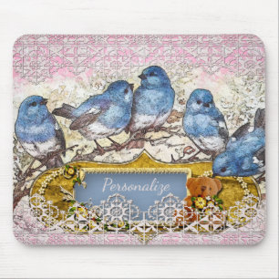 Vintage Blue Birds Happiness Home Office Computer Mouse Mat