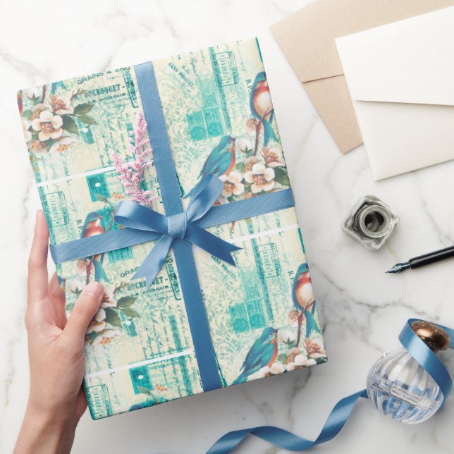 Vintage Blue Birds On French Ephemera   Wrapping Paper (Gifting)