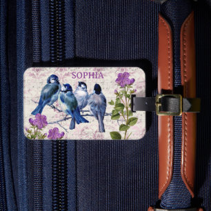Vintage Blue Birds, Purple Flowers, Lavender Music Luggage Tag