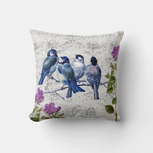 Vintage Blue Birds, Purple Flowers, Sheet Music Cushion (Front)