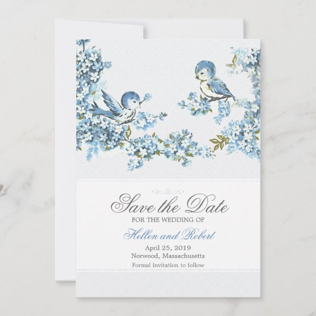 Vintage Blue Birds Winter Wedding Save the Date (Front)