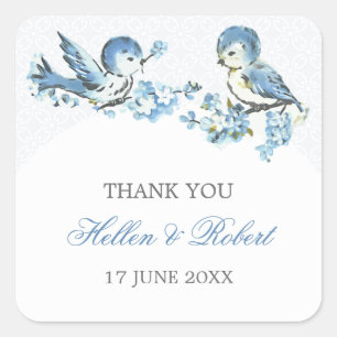Vintage Blue Birds Winter Wedding Thank You Favour Square Sticker