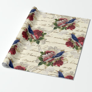 Vintage Blue Birds with Crowns and Roses Wrapping Paper