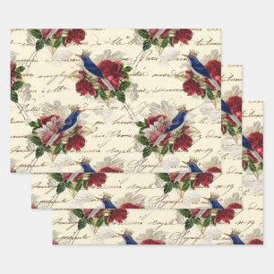Vintage Blue Birds with Crowns and Roses Wrapping Paper Sheet