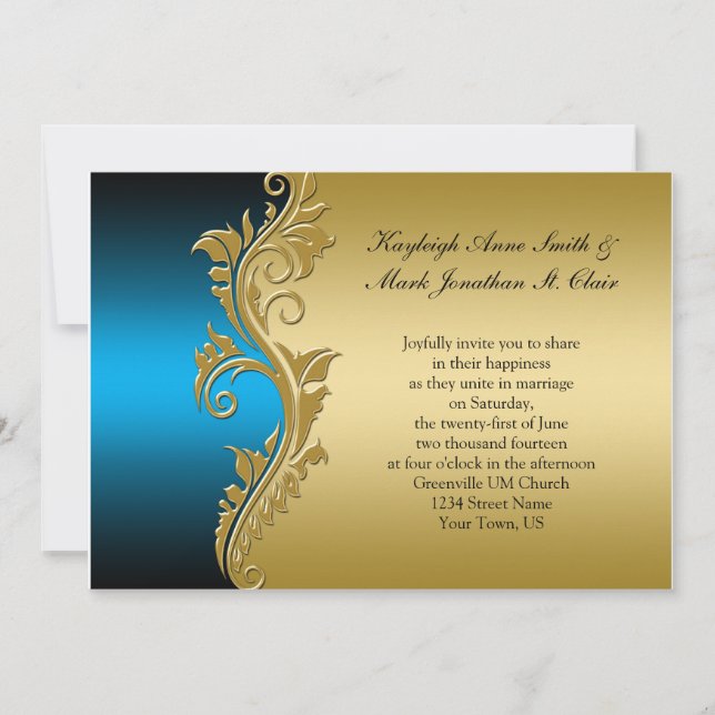 Vintage Blue Black and Gold Wedding Invitation (Front)
