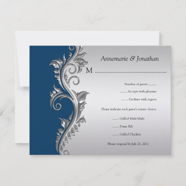Vintage Blue Black and Silver Floral RSVP (Front)
