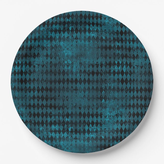 Vintage Blue & Black Harlequin Pattern  Paper Plate (Front)