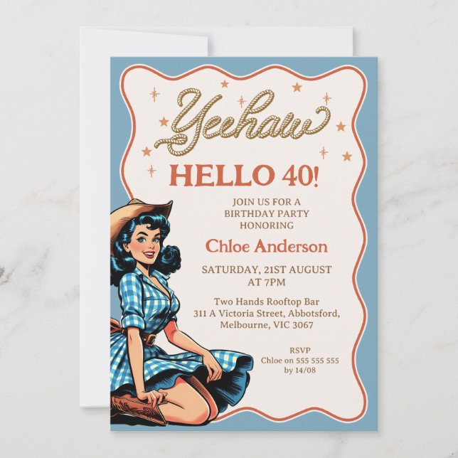 Vintage Blue Black Western Cowgirl 40th Birthday Invitation (Front)
