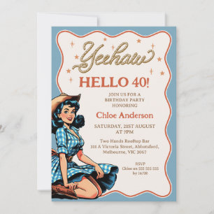Vintage Blue Black Western Cowgirl 40th Birthday Invitation