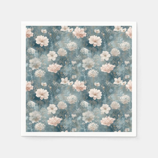 Vintage Blue & Blush Floral Paper Napkin (Front)