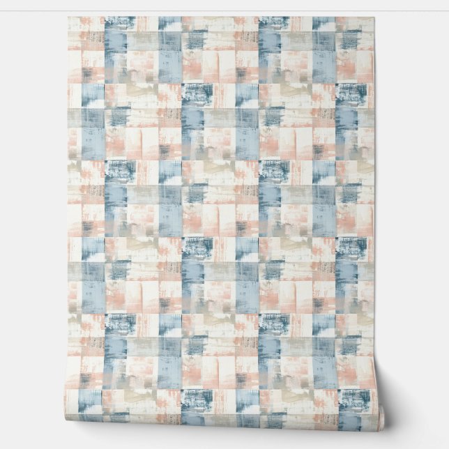 Vintage Blue & Blush Painterly Wallpaper (Unrolling)