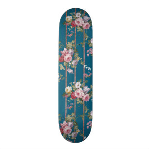 Vintage blue blush pink red roses floral stripes skateboard