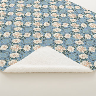 Vintage Blue Blush Pink Roses Sherpa Throw Blanket