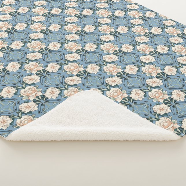 Vintage Blue Blush Pink Roses Sherpa Throw Blanket (3/4)