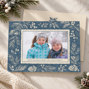 Vintage Blue Botanical Christmas Family Photo Holiday Card