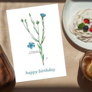 Vintage Blue Botanical Floral Flax Linum Birthday Postcard