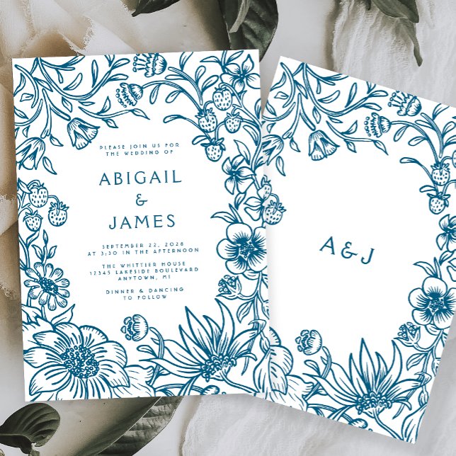 Vintage Blue Botanical Frame Wedding Invitation (Creator Uploaded)