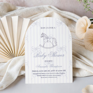 Vintage Blue Bow Boy Rocking Horse Baby Shower Invitation
