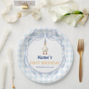 Vintage Blue Bow Duckling Boy 1st Birthday Paper Plate