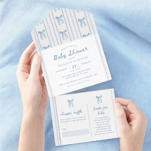Vintage Blue Bow Elegant Boy Baby Shower All In One Invitation
