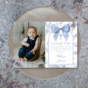 Vintage Blue Bow Floral Boy Baptism Photo Thank You Card