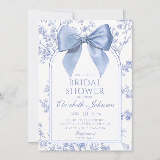 Vintage Blue Bow Floral Bridal Shower Invitation (Front)