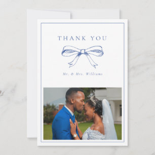 Vintage Blue Bow Mr. & Mrs. Photo Flat Wedding Thank You Card