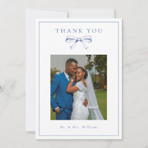 Vintage Blue Bow Photo Flat Wedding Thank You Card