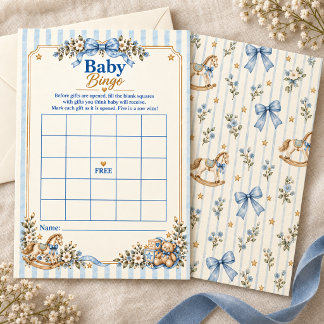 Vintage Blue Bow Rocking Horse Baby Shower Bingo Invitation