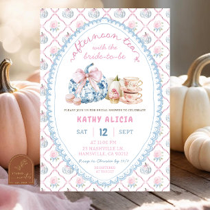 Vintage Blue Bow Toile tea bridal shower Invitation