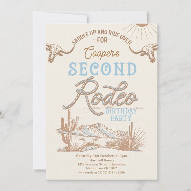 Vintage Blue Boys First Rodeo 2nd Birthday  Invitation (Front)