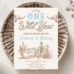 Vintage Blue Boys Wild Year 1st Birthday  Invitation