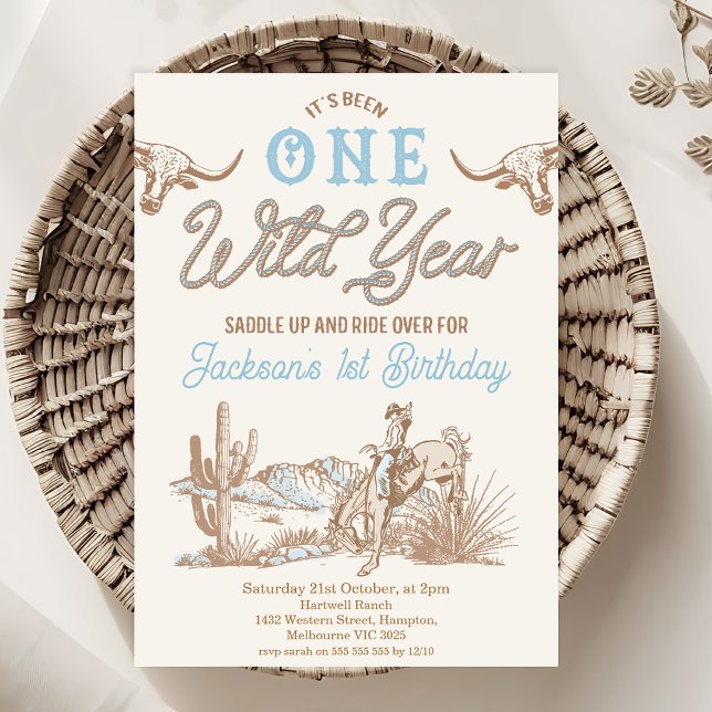 Vintage Blue Boys Wild Year 1st Birthday  Invitation (1st Birthday Invitation Rodeo, Boys One Wild Ride First Birthday Invitation Template Printable, 
)
