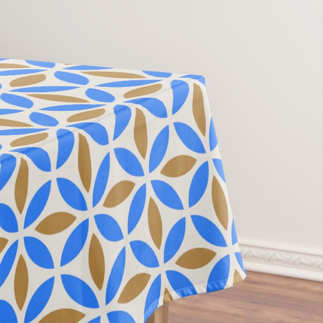 Vintage Blue Brown Barcelona Petals Geometric Tile Tablecloth (In Situ)
