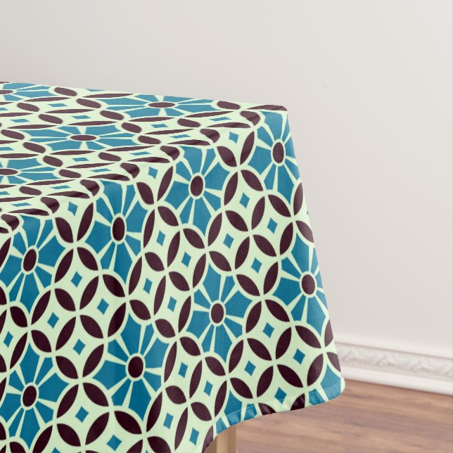 Vintage Blue Brown Barcelona Star Tile Geometric Tablecloth (In Situ)
