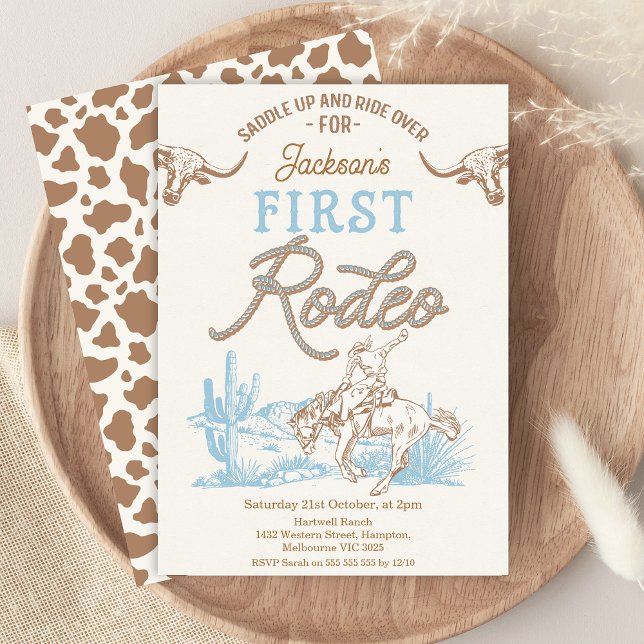 Vintage Blue Brown Cowboy First Rodeo 1st Birthday Invitation (Vintage Blue Brown Boys First Rodeo Birthday Invitation, Cowboy 1st Birthday Invitation, Western)