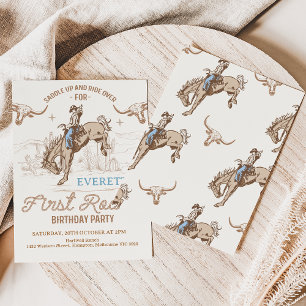 Vintage Blue Brown Cowboy Rodeo 1st Birthday Invitation
