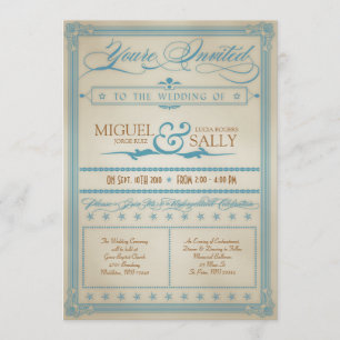Vintage Blue & Brown Wedding Invitation