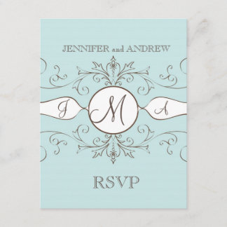 Vintage Blue Brown Wedding RSVP Cards