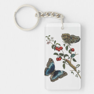 Vintage Blue Butterflies and Red Fruits Key Ring