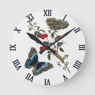 Vintage Blue Butterflies and Red Fruits Round Clock