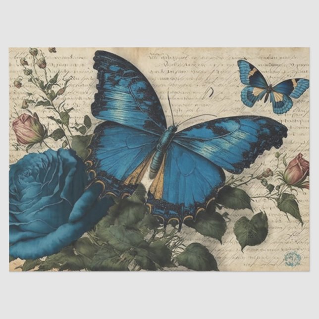 Vintage Blue Butterflies and Roses Decoupage Tissue Paper (Front)