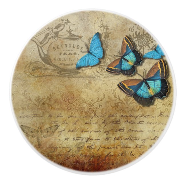 Vintage Blue Butterflies Ceramic Knob (Front)