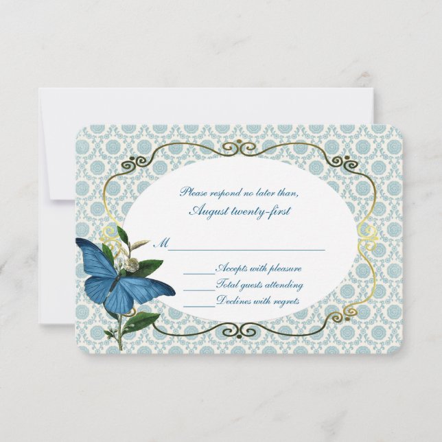 Vintage Blue Butterflies Wedding RSVP Card (Front)
