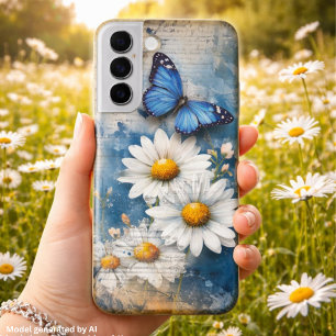 Vintage Blue Butterfly and Daisies – Cottagecore Samsung Galaxy Case